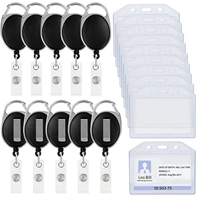 Imagen de Kurtzy Porta Tarjetas Identificativas Colgante Retráctil (Pack de 10) Funda Plastico Tarjeta Resistente Impermeable con Mosquetón Llavero Retractil Llaveros, Pases, Cinturones, Identificaciones