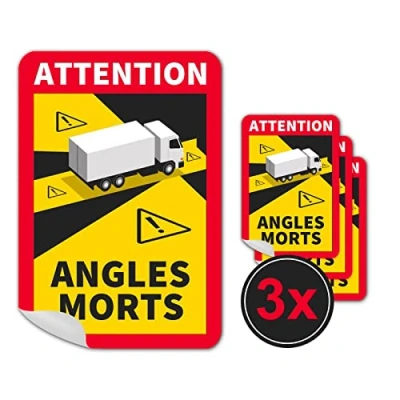 Imagen de 3 pegatinas Attention Angles Morts, 25 x 17 cm, para camiones y caravanas, cartel de advertencia Francia con protección UV, uso en exteriores STROBO