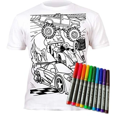 Imagen de Splat Planet Camiseta Coches para niños. con impresión Pintar y Colorear. Incluye 10 Colores mágicos Lavables. Cumpleaños Infantil. (3 4 años)