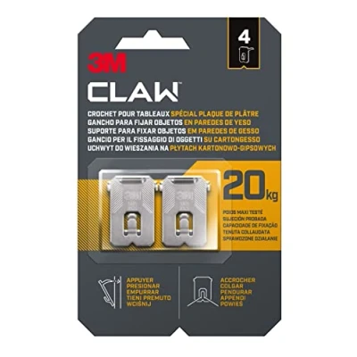 Imagen de 3M CLAW Ganchos para colgar cuadros en paredes de yeso, 4 Soporta hasta 20 kg Adecuado fijar objetos pesados, Espejos, Decoración del hogar Sin herramientas