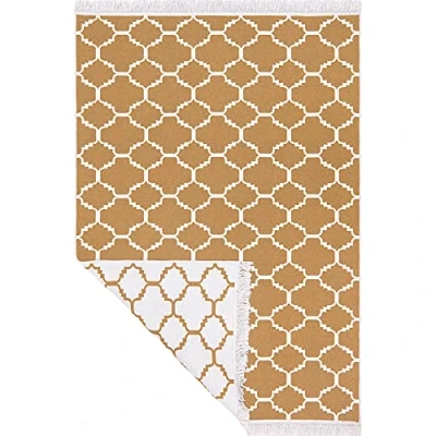 Imagen de Jimri Fashion4Home Alfombra de Pelo Corto Boho Kelim salón, Dormitorio y Cocina, Pasillo, Morocco, Dorado Blanco, Saludos: 140 x 200 cm