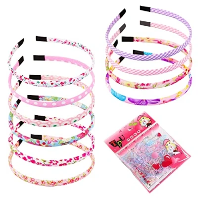 Imagen de 10 piezas de diademas florales y 500 bandas elásticas color jaleo, coloridas para niñas, con estampado floral, rosas, adecuadas la mayoría las niñas.
