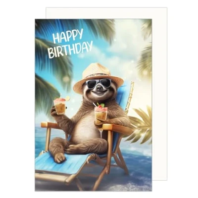 Imagen de Edition Seidel tarjeta de cumpleaños premium con sobre, felicitación animales, cumpleaños, feliz hombre, mujer, perezoso, playa, bebidas,