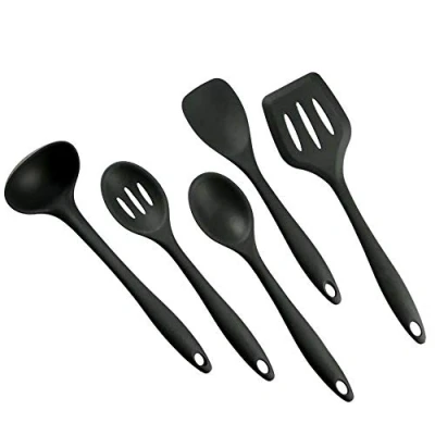 Imagen de BYbrutek Juego de Utensilios Cocina Silicona, sin BPA, cuchara, cucharón, espátula y tornero, Apto para lavavajillas, Antiadherente, Resistente al Calor (5 PCS negro)