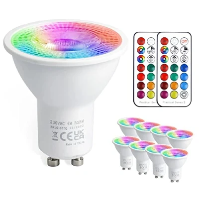 Imagen de VARICART Bombilla LED RGBW GU10 5W, Colores Cambiantes RGB Foco, Blanco Cálido 3000K, 12 Regulable con Control Remoto, 5W Equivalente 50W, para Decoración Del Hogar (Paquete de 8)
