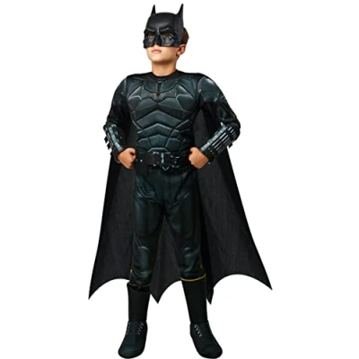 Imagen de Rubies Disfraz Batman Deluxe para niño, con pecho musculoso de Lujo Oficial la película The en color negro, capa removible y máscara halloween, navidad, carnaval cumpleaños