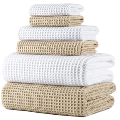 Imagen de POLYTE Juego de 6 toallas baño microfibra gran tamaño, 76 x 152 cm, secado rápido, sin pelusas, (blanco, beige, tejido gofre)