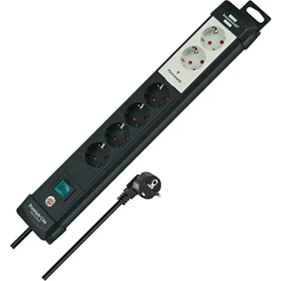 Imagen de Brennenstuhl Premium Line tecnología de 6 tomas corriente con enchufes permanentes y conmutables (con interruptor cable 3m, montable, Made in Germany) negro/gris