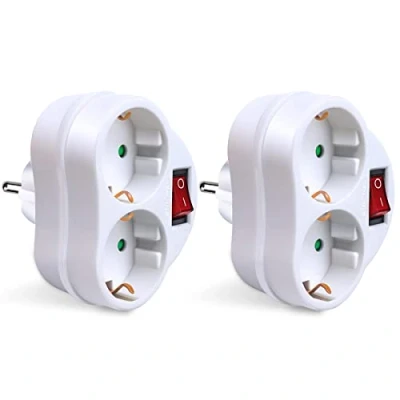 Imagen de EXTRASTAR 2 en 1 Adaptador con Interruptor y Enchufes Schuko, de Regleta, hasta Carge 3680W, 16A/250V , Blanco, 2Pcs