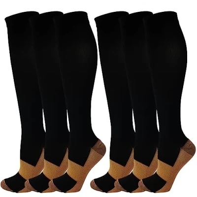 Imagen de Kuzimua 6 Pares Calcetines/Medias de Compresión para Hombres y Mujeres, Running, Deporte, Correr, Senderismo, Volar, Viajar, Varicosas, Embarazo Médicos (M, Negro&amp;Marrón)
