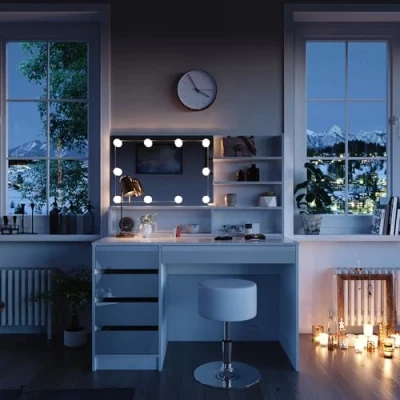 Imagen de Vicco Tocador Sherry, Blanco Alto Brillo, 120 cm con iluminación LED, Taburete y Estante Espejo