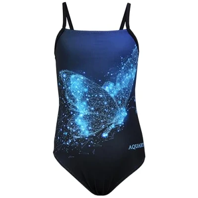 Imagen de Aquarti Bañador Niña Natación con Tirantes Ajustables, Resistente al Cloro, Azul Mariposa/Negro, 122