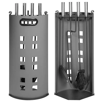 Imagen de TecTake Juego de 5 Accesorios Hierro para Chimenea, Incluye Cepillo, tenazas, recogedor, atizador y Soporte, Mangos Acero Inoxidable