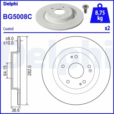 Imagen de DELPHI BG5008C Disco de freno 282 10 5 macizo revestido sin procesar cojinete rueda, anillo sensor ABS HONDA: CIVIC 10, Stufenheck