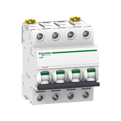 Imagen de Schneider Electric A9F74404 IC60N Disyuntor, Acti9, Curvatura C, 4P, 85 mm Altura x 72 Anchura 78.5 Profundidad, 4 A Corriente, 50/60 Hz, Blanco