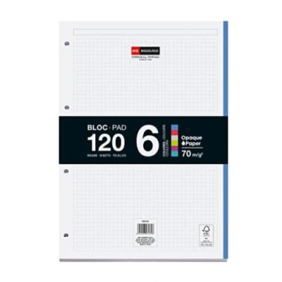 Imagen de Miquelrius Bloc Recambio Hojas Encoladas, 6 Franjas de Colores Intensos, 120 Cuadriculadas 5 mm, Tamaño A4, Papel 70 g/m², 4 Taladros