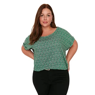 Imagen de Trendyol Woman Regular Standard Scoop Neck Woven Plus Size Blouse Camisa, Green, 42 para Mujer