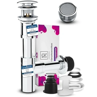 Imagen de Fregadero de sifón diseño + desagüe cromado con válvula POP UP desbordamiento 1 regulador chorro M24 ahorro agua para grifo accesorio tapón olor incluye juntas abertura