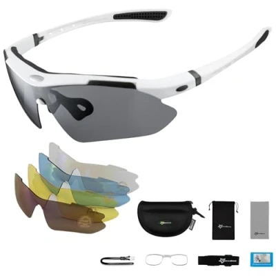 Imagen de MUGI Gafas de Sol Polarizadas para Ciclismo, Running y Deportes 5 Lentes Intercambiables, Protección UV 400, Anti Viento Antideslizantes Bicicleta Hombre Mujer (Blanco)