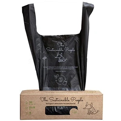 Imagen de bolsas biodegradables para excrementos de perro TSP con asas, certificado OK compost Home, 100% compostable y biodegradable, tamaño grande extra grueso (18 µm), rollo 160