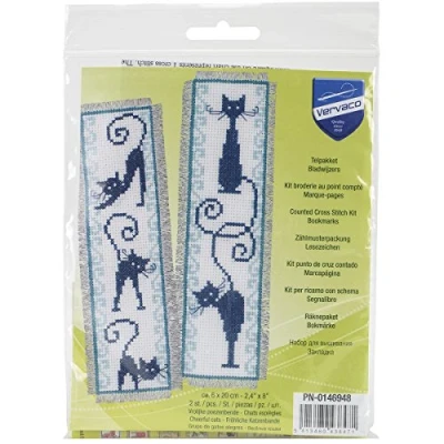 Imagen de Vervaco Kit de Punto Cruz contado: marcapáginas, Gatos alegres (Juego 2), Algodón, Blanc, 2.5&quot; by 8&quot;