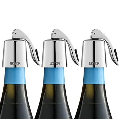 Imagen de WOTOR tapón de vino acero inoxidable, botella con cierre hermético silicona, accesorio reutilizables, a prueba fugas mantener fresco, paquetes 3 (Plata)