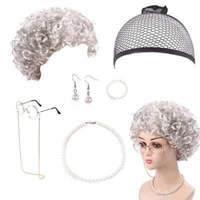Imagen de Vastsea 7 Piezas Abuela Cosplay Accesorio, Conjunto de Disfraz Anciana, para Fiesta Disfraz, Aplicar Carnaval, Juegos rol(Peluca Gris Plata)
