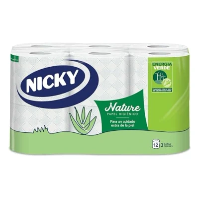 Imagen de Nicky Nature Papel Higiénico Paquete de 12 Rollos, 170 Hojas 3 Capas, Enriquecido con Loción Aloe Vera, Cómodo y Suave la Piel, Embalaje Reciclable, Celulosa 100% Pura, Certificación FSC