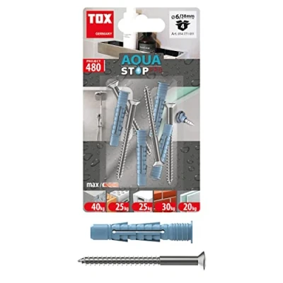 Imagen de TOX Aqua Stop Pro, Anclaje Multiusos de estanqueidad 6/38 para Fijaciones en Paredes y Suelos alicatados, plástico Especial HDPE, con Tornillo 4x50 mm, 014771011