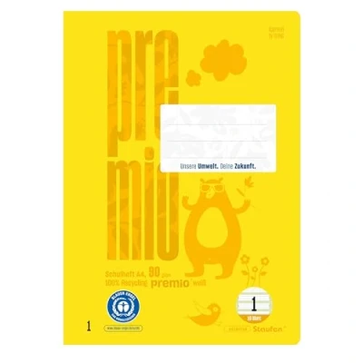 Imagen de Staufen premio Cuaderno de escritura 4 cuadernos 16 hojas cada uno, DIN A4, línea 1 (5/5/5 mm a rayas, líneas color), papel reciclado 90 g/m², esquinas redondas para evitar orejas