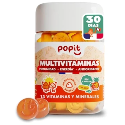 Imagen de POP IT 60 Gominolas Multivitaminas y Minerales Completo Cura 1 Mes Vegano, Sin Azúcar, Sabor Tropical 13 Vitaminas Hombre Mujer Multivitaminico con Vitamins A, B, C, D, Zinc Yodo
