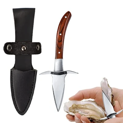 Imagen de KINHARD Abridor de Ostras, Ostra Shucker con Protector Mano, Mango Madera Adecuado Acero Inoxidable Oyster Shucker, para Los Mariscos, Herramientas