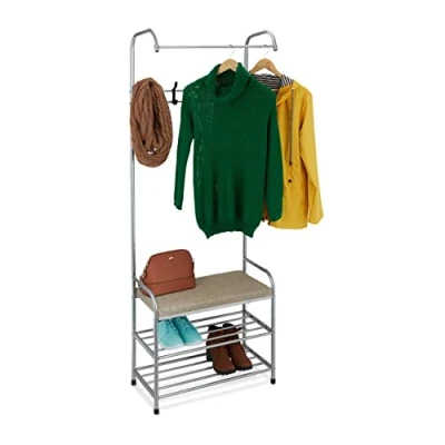 Imagen de Relaxdays Perchero con Zapatero y Banco, Metal, de Pie, Colgador Pasillo 4 Ganchos, 173x64x30 cm, Color Gris, Acero