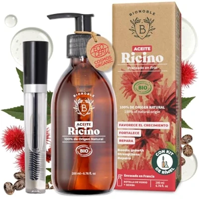 Imagen de Bionoble Aceite de Ricino Orgánico 200ml 100% Puro, Natural y Prensado en Frío Pestañas, Cejas, Cuerpo, Cabello, Barba, Uñas Vegan Castor Oil Botella Vidrio + Bomba Kit Rímel