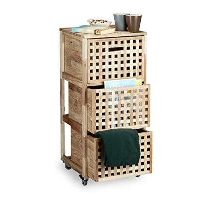 Imagen de Relaxdays Mobiletto su Ruote in Legno di Noce Gabinete con Ruedas, Madera de Nogal, 91.5 x 40.4 cm, 3 cajones, para Toallas o sábanas, Color Natural, 7/8 Años