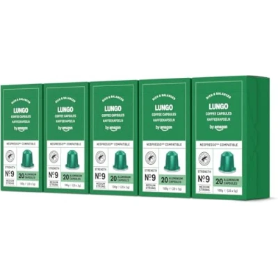 Imagen de by Amazon Cápsulas de café Lungo, tueste medio, compatibles con Nespresso, 100 unidades, 5 paquetes 20, certificado Rainforest Alliance
