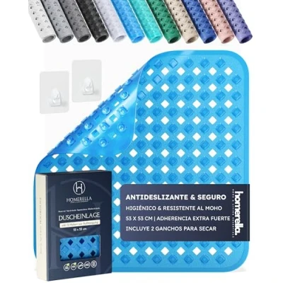 Imagen de Homerella Alfombra de Ducha Antideslizante y Delicada con la Piel, 53x53cm, Incl. Ganchos Esterilla Tina sin BPA Estera Resistente al Moho Lavable a máquina baño (Azul)