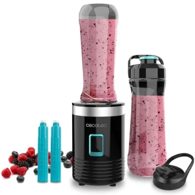 Imagen de Cecotec Batidora Vaso Portátil Individual Power Titanium 300 EasyGo. 350W, Pica Hielo, Cuchillas 4 Hojas Recubrimiento de Titanio Negro, Incluye 2 Tubos Refrigeradores, Vasos Portátiles y Tapas