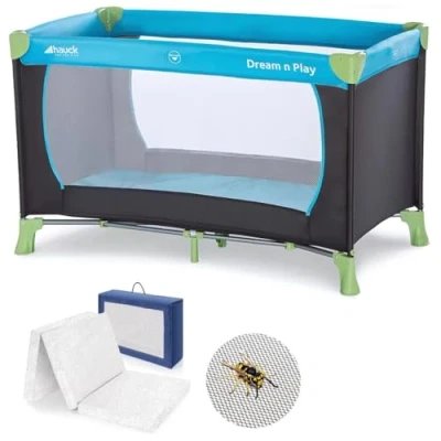 Imagen de hauck Dream n Play Set de Cuna Viaje con Colchon Alvi 120x60 cm y Mosquitera, Parque Bebe Bolsas Transporte, Infantil Azul