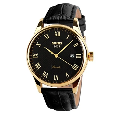 Imagen de SKMEI Relojes de Pulsera Cuarzo para Hombre Negocios, números Romanos, Correa Cuero, Casual, Resistente al Agua, analógicos, Negro+Oro, Negocios