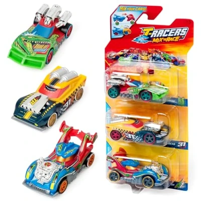 Imagen de T Racers Mix&#039;N Race 3 Pack de Coches coleccionables, Desmontables en Dos Partes y con Piezas Intercambiables, 4
