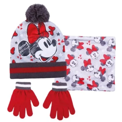 Imagen de Disney Gorro de Minnie Mouse + bufanda guantes Ser para niñas, juego invierno 3 piezas en caja regalo, rojo / blanco, 2 8 años