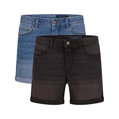Imagen de Noisy may BeLucky pantalones cortos para mujer, paquete de 2 unidades, vaqueros cortos, básicos, algodón elástico, Medium Blue &amp; Dark Grey (27028348), M