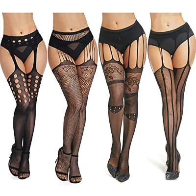 Imagen de DRESHOW 4 Pares Mujeres Sexy Elástico Medias de Cintura Alta Rejilla Calcetines Malla Pantimedias