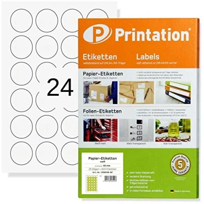 Imagen de Printation etiquetas redondas de 40 mm 600 adhesivas para imprimir en 25 hojas DIN A4, 4 x 6 24 pegatinas por hoja, / puntos adhesivos blanco,