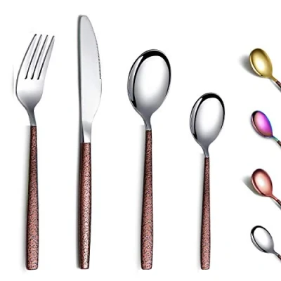 Imagen de Berglander Juego de cubiertos 24 piezas con mango superficie lunar y cabeza dorada brillante revestimiento titanio acero inoxidable cuberteria plata utensilios Servicio para 6