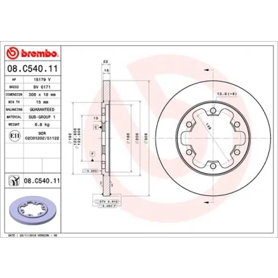 Imagen de BREMBO 08.C540.11 Disco de freno 308 18 6 macizo revestido FORD: Transit V363 Camión plataforma / Chasis, Furgón, Bus