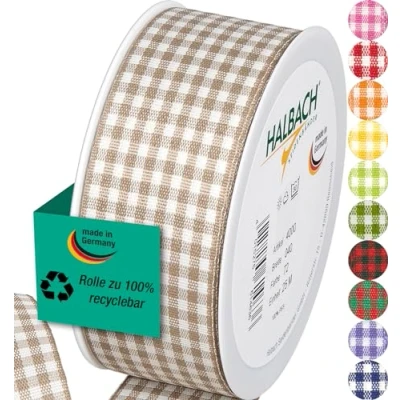 Imagen de Halbach Seidenbänder Vichy Cinta de regalo (lino), 40 mm ancho, 25 m longitud, fabricada en Alemania, a cuadros muchos colores