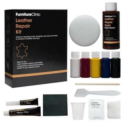 Imagen de Furniture Clinic Kit Completo de Reparación Cueros 12 Opciones Colores para Sofás, Asientos Coche Remienda, Rellena y Retoca Arañazos, Desgarros Otras Áreas Dañadas (Marrón Oscuro)