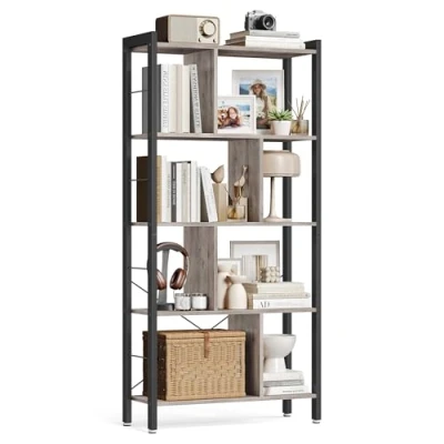 Imagen de VASAGLE Librería, Estantería de Almacenamiento 5 Niveles, Organizador Oficina Estudio, con Compartimentos, para Salón, Estilo Industrial, Greige Melange y Negro Tinta LBC012B02